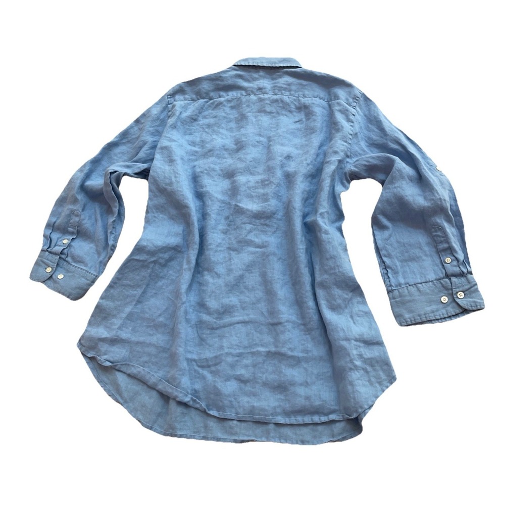 Lauren Ralph Lauren Linen Top Women's L  Blue Half Button-Up Long Sleeve - Picture 2 of 7